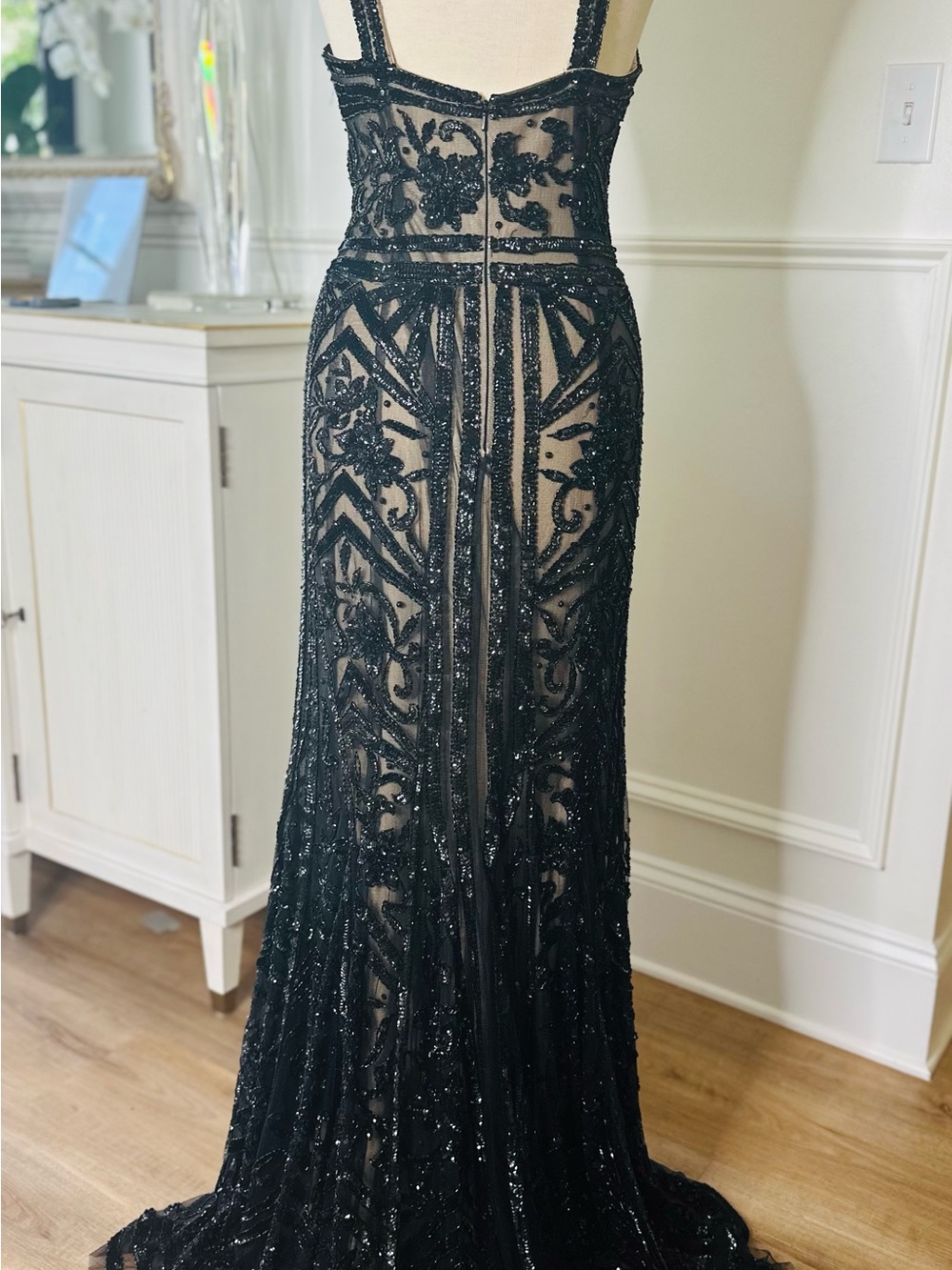 Jovani Couture Elegant Black Beaded V-Neck Evening Dress - Picture 7 of 9